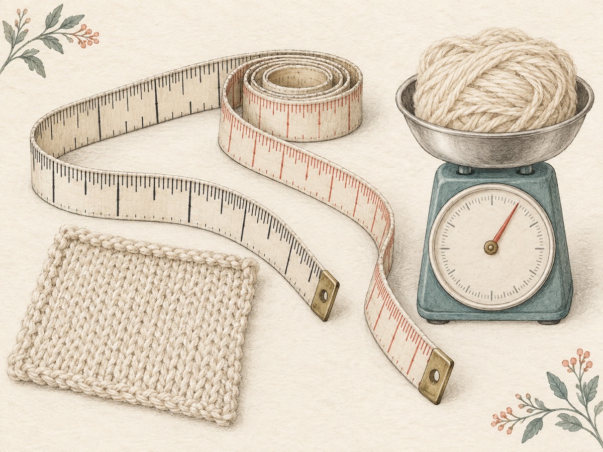 Illustration: A measuring tape with two distinct unnumbered scales alongside a fabric swatch; a separate small weighing scene shows mass rather than length.