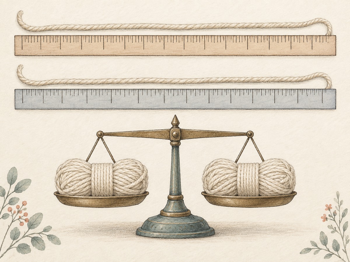Illustration: A length of yarn measured on two differently spaced unnumbered ruler scales, beside a balance scale and two equal-weight yarn bundles.