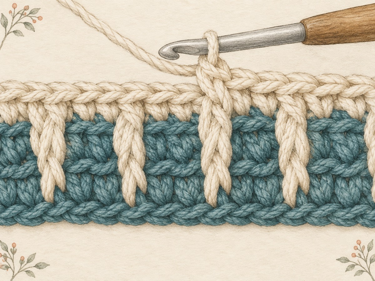 Illustration: Close view of elongated crochet stitches reaching into a lower row over a contrasting background, with coherent vertical stitch columns.