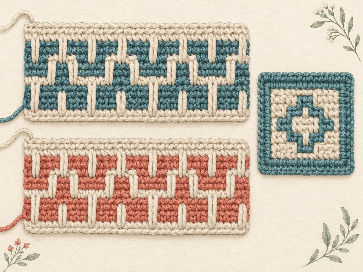 Illustration: Two geometric mosaic crochet samples showing long overlay stitches across contrasting rows and an inset-style sample beside them.