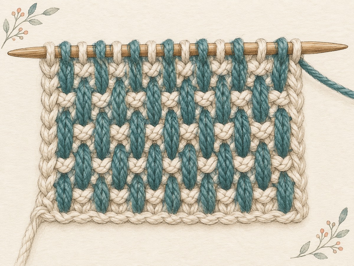 Illustration: Close view of a small slipped-stitch colorwork panel, with elongated teal stitches clearly passing over pale rows.