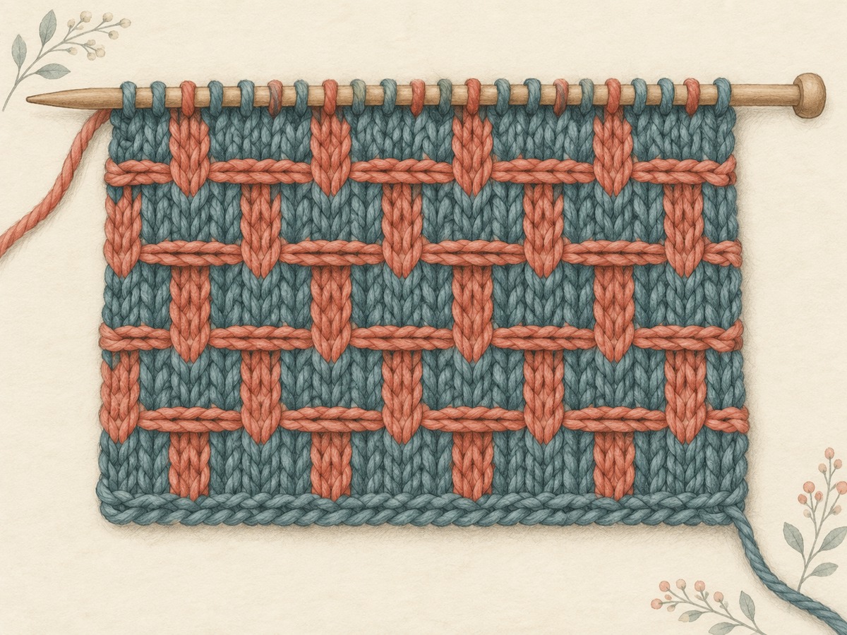 Illustration: A two-color knitted mosaic pattern with elongated slipped stitches spanning contrasting horizontal rows.
