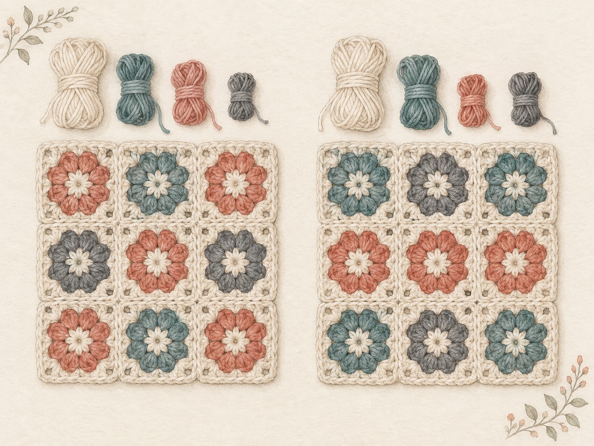 Illustration: Two alternative layouts using the same muted-color crochet motifs, with color quantities represented by their actual small yarn bundles rather than a chart.