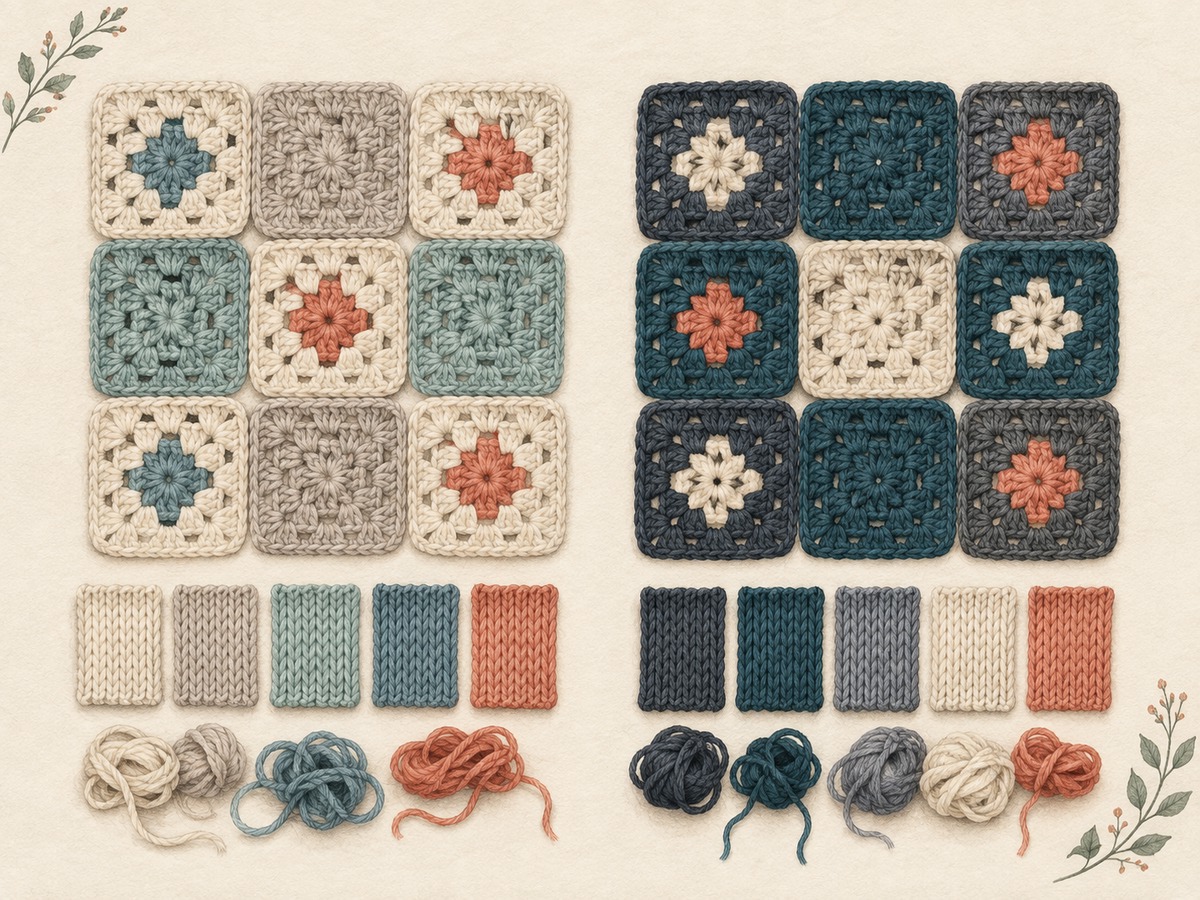 Illustration: Several crocheted squares and knitted color chips arranged into two deliberate light-dark layouts, beside small leftover yarn bundles.