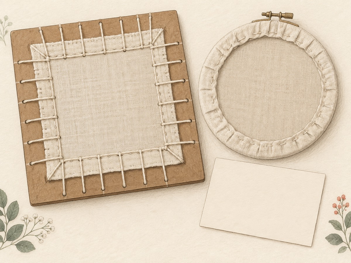 Illustration: Reverse view of a mounted embroidery with even lacing across the back of a board, alongside a covered hoop back and plain archival record card.