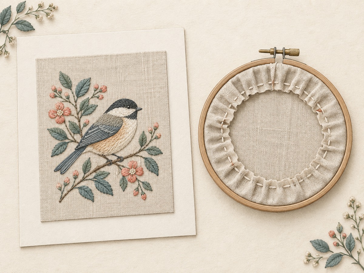 Illustration: A finished embroidery laid over an archival mounting board beside the reverse of a display hoop with its excess fabric neatly gathered.