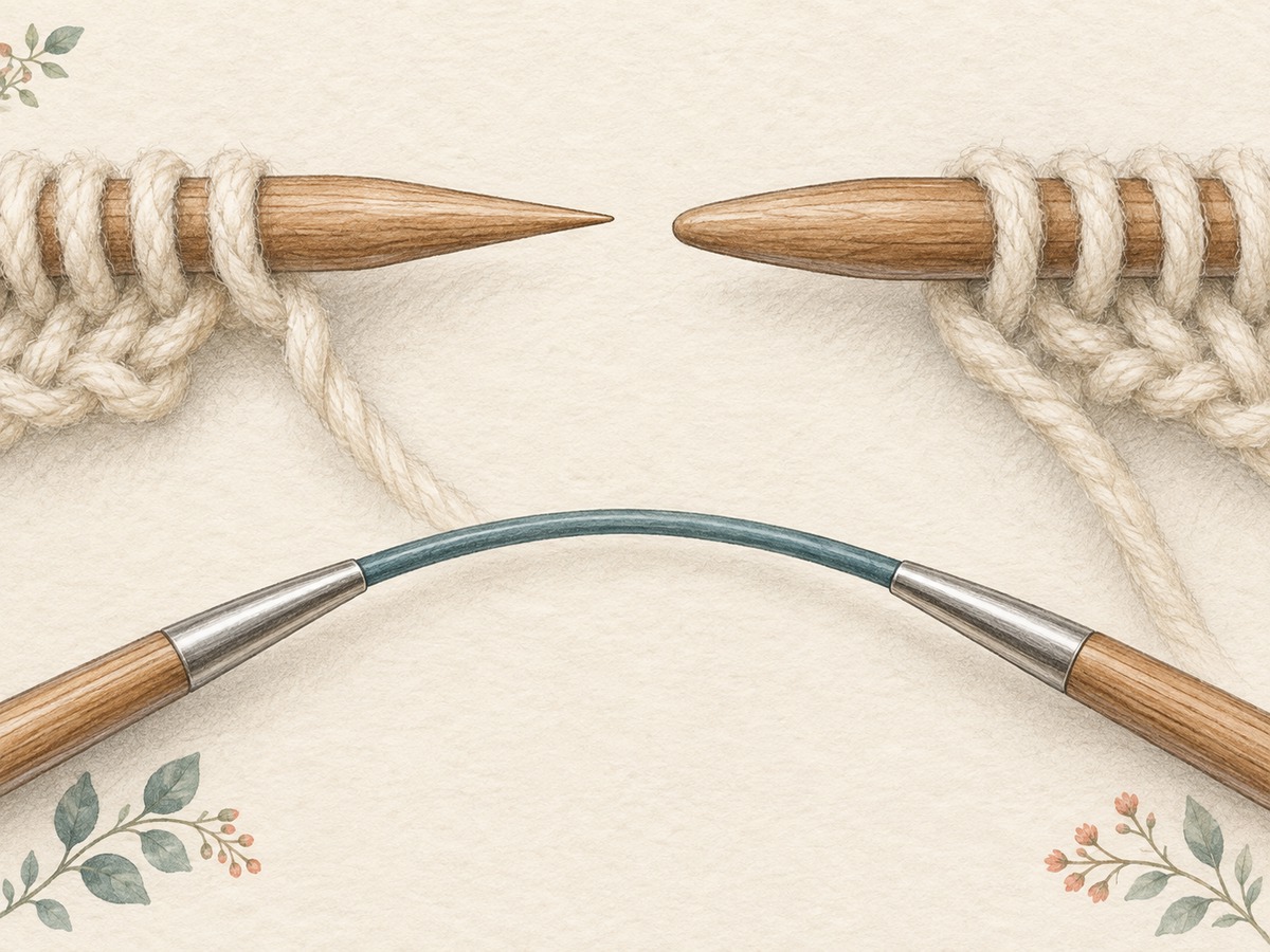 Illustration: Close comparison of a sharper and a rounder knitting needle point and the smooth join of a circular needle cable, with soft yarn loops resting on the shafts.