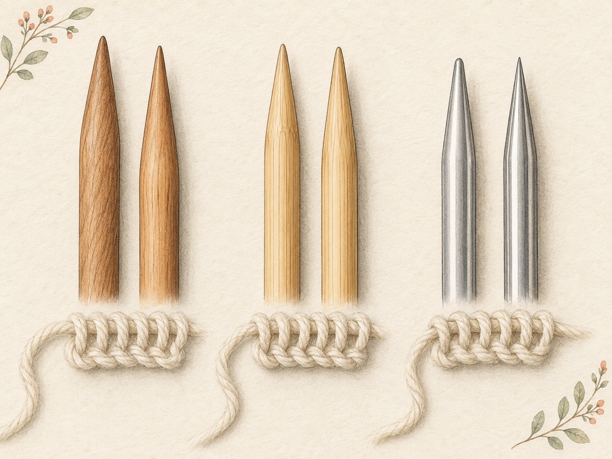 Illustration: Wooden, bamboo and smooth metal knitting needle tips arranged beside small cream yarn loops, showing different tapers and surface finishes.