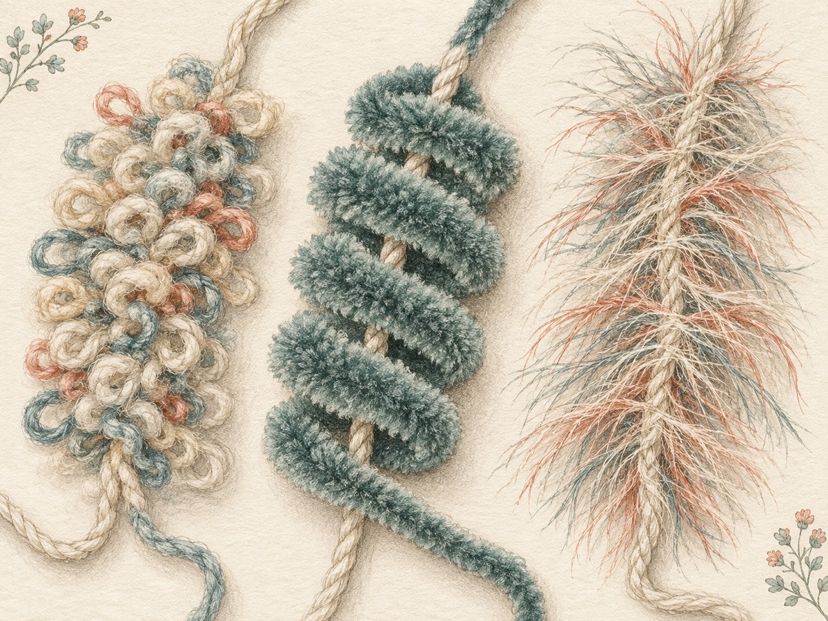 Illustration: Large close views of looped, pile-covered and fringed yarn constructions with separate visible base strands.