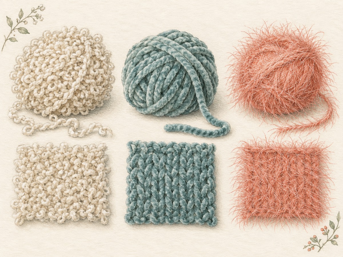 Illustration: Three distinct yarn samples: looped boucle, velvety chenille and fine eyelash yarn, each beside a small corresponding fabric sample.