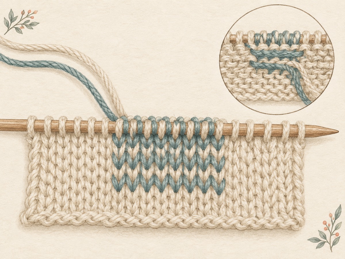 Illustration: Close view of two yarn strands entering a short reinforced section of knitting before the fabric returns to a single strand; the second strand ends are secured on the reverse.
