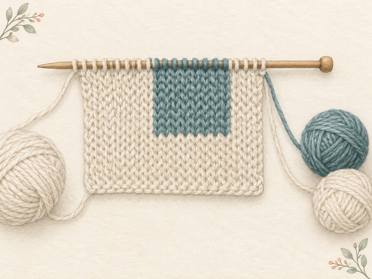 Illustration: A knitted panel worked mainly with one cream yarn strand, with a denser muted-teal accent section where a second strand is held together with the first.