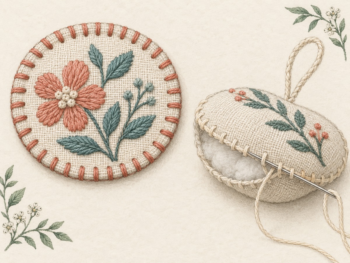 Illustration: Close view of an embroidered patch edge secured with blanket stitches and a separate ornament backing being joined with small even stitches.