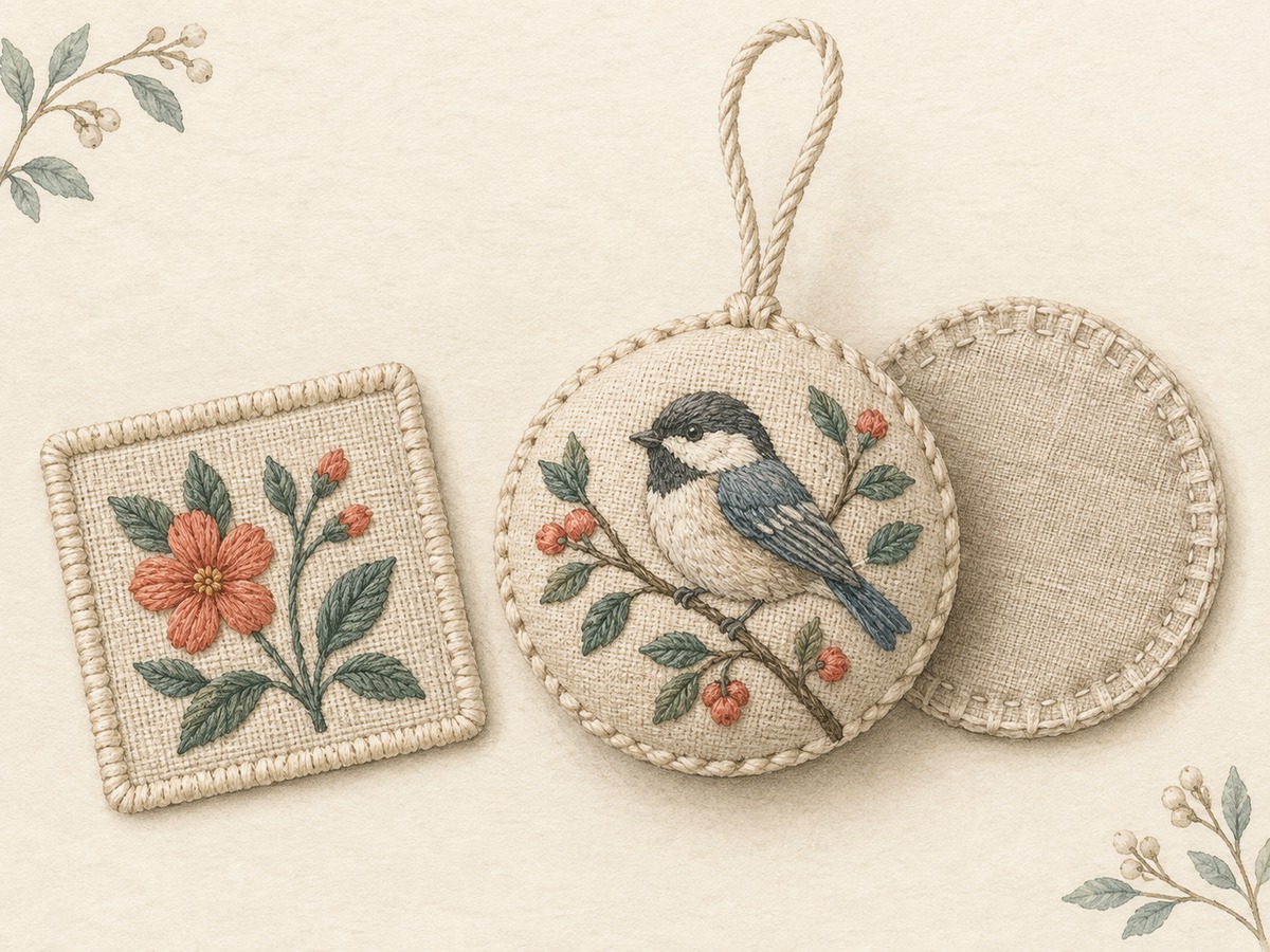 Illustration: A small embroidered patch with a neatly finished edge beside a padded hanging ornament and its backing fabric.
