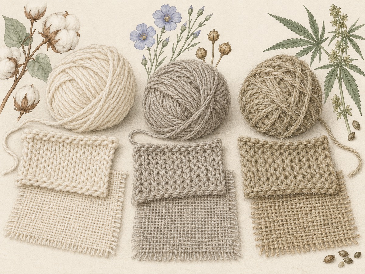 Illustration: Close views of cotton, linen and hemp yarn textures on small woven and knitted samples, with restrained botanical references in the margin.