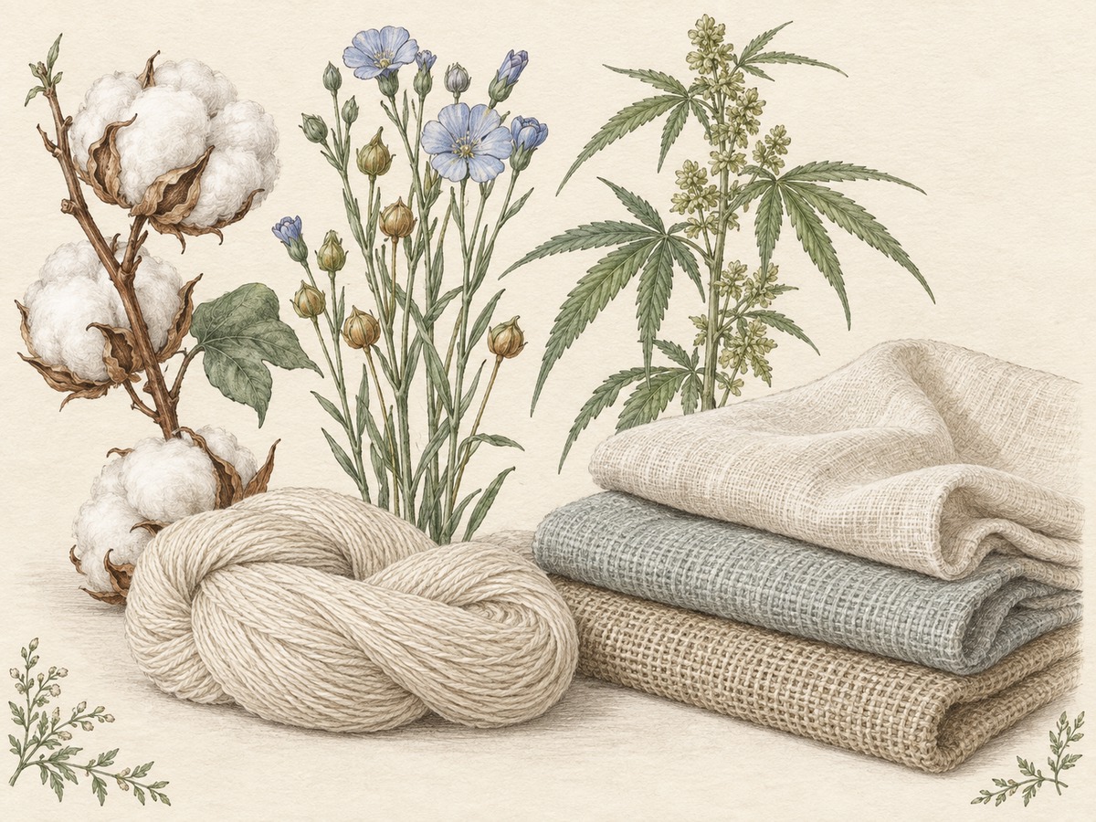 Illustration: Cotton boll, flax stems and a hemp stem beside pale spun yarn and three folded fabric samples showing distinct texture and drape.