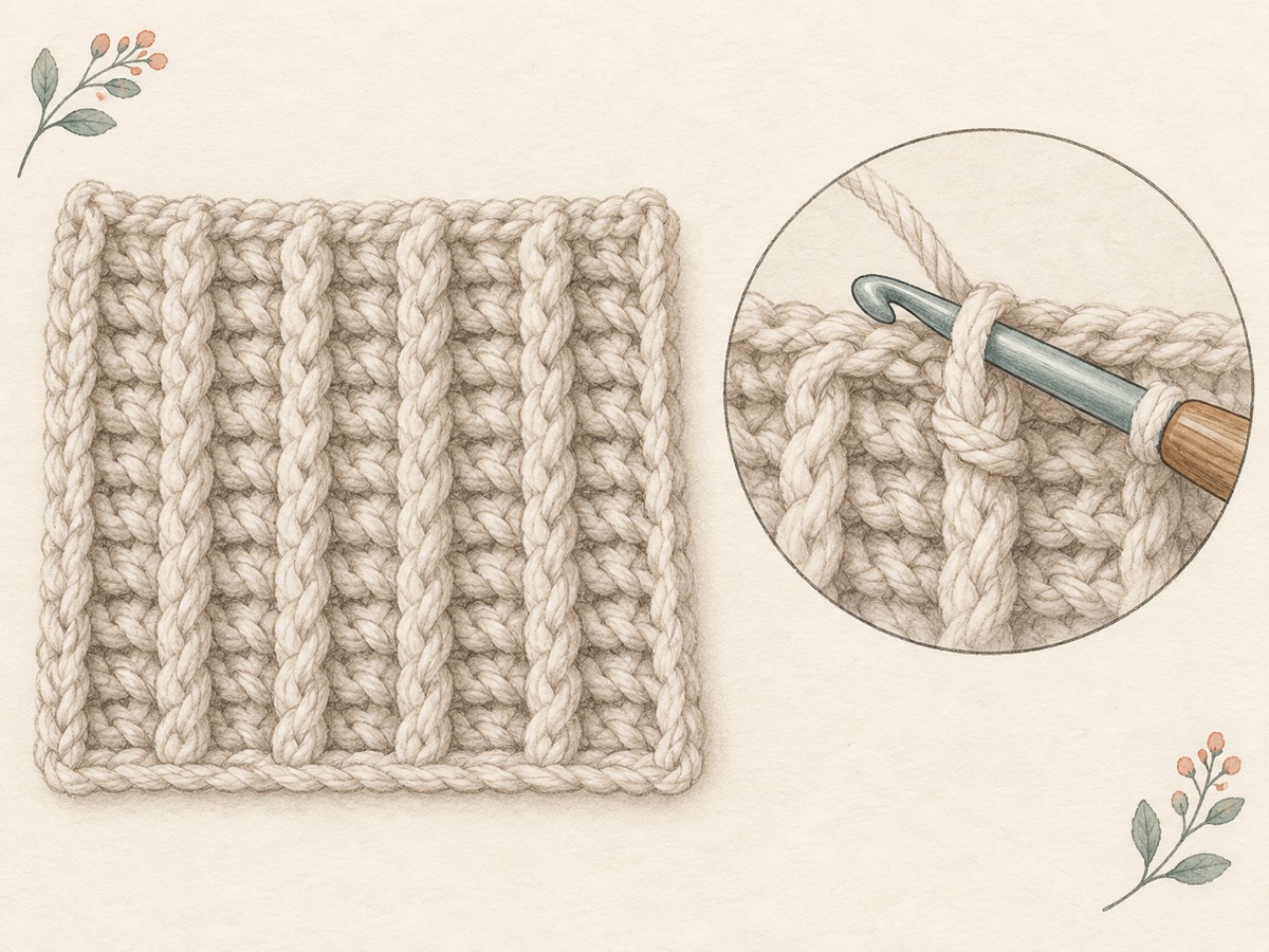 Illustration: A crocheted ribbed sample with raised vertical post stitches, beside a close view of a hook passing around a stitch post rather than through its top loops.