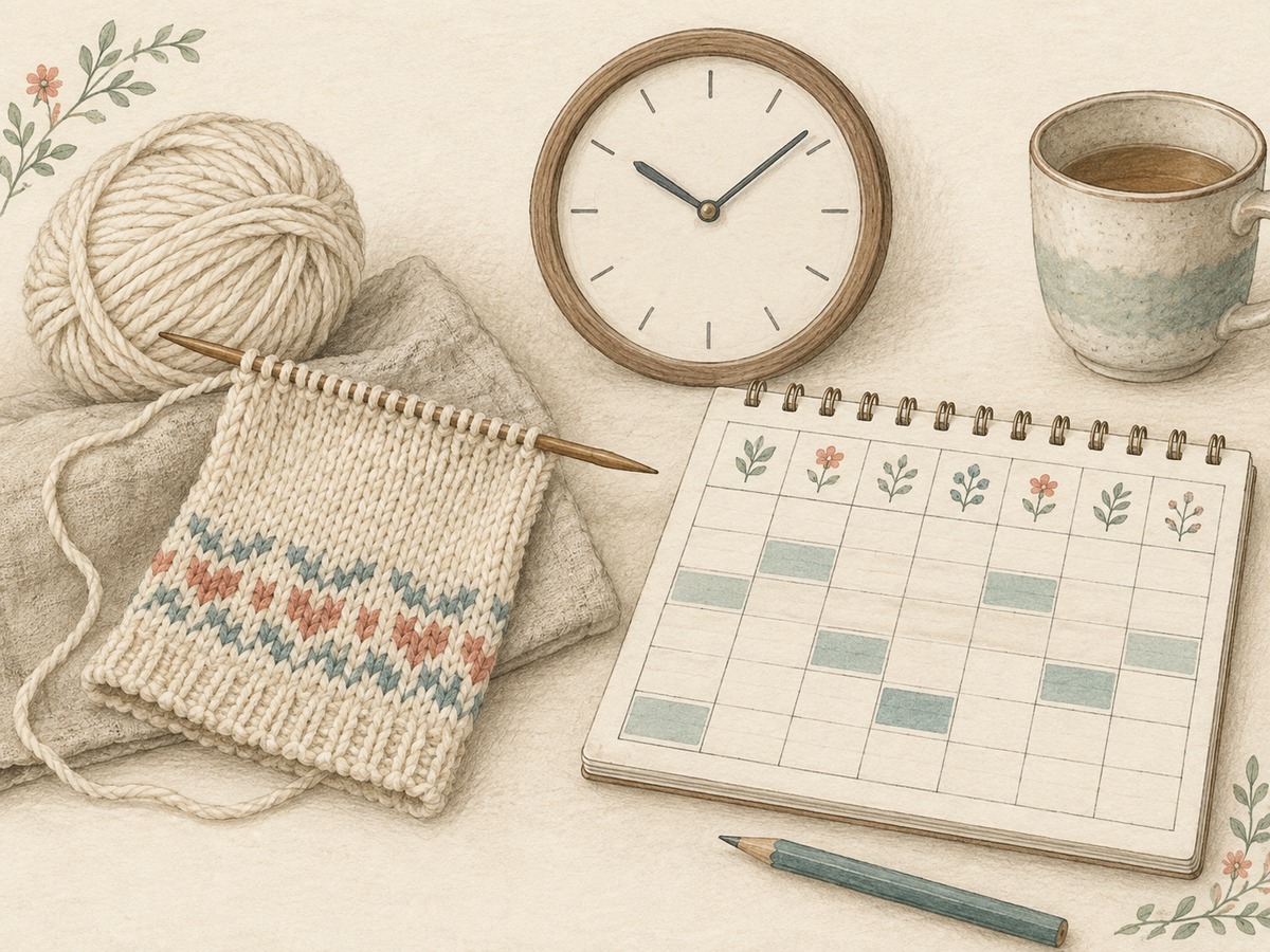 Illustration: A small work in progress beside a plain clock face without numerals and a weekly grid divided into short shaded making sessions.