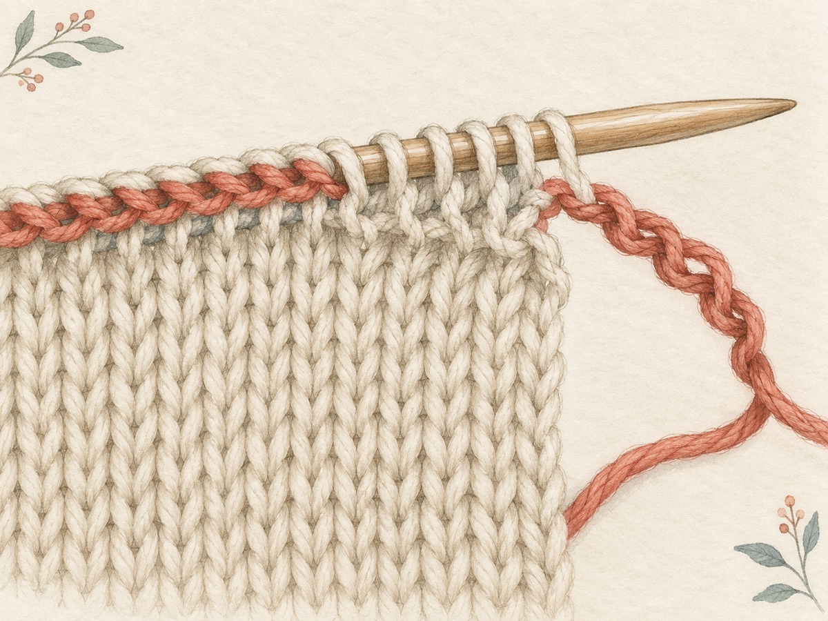 Illustration: Close view of a waste-yarn chain partly removed from a knitted edge, revealing a short group of live loops supported on a smooth needle.