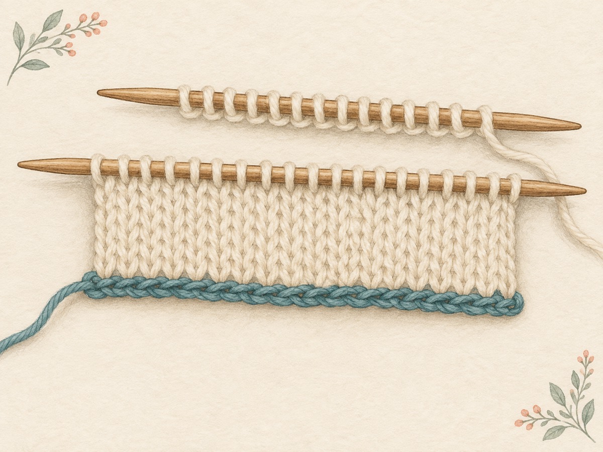 Illustration: A cream knitted strip attached along its bottom to a contrasting teal waste-yarn crochet chain, with released live loops held safely on a second needle.