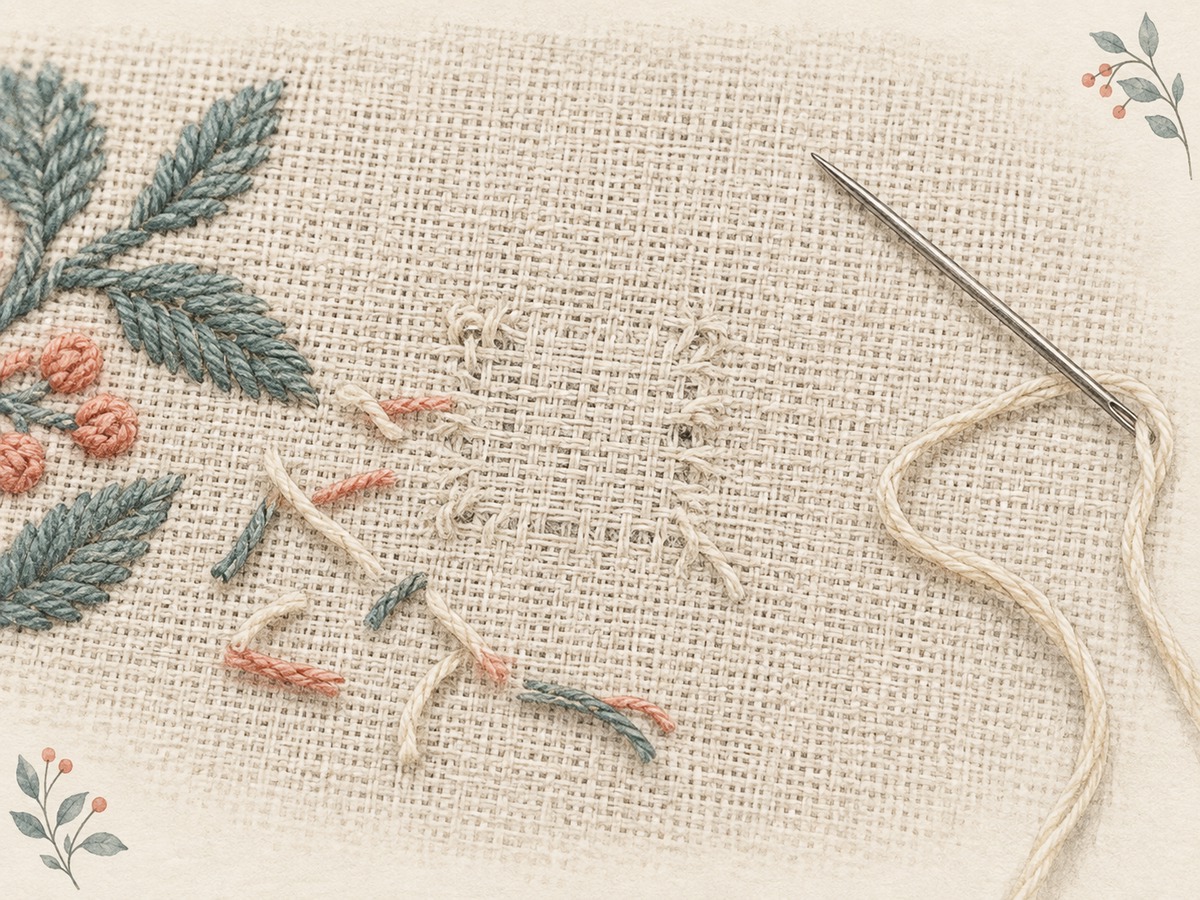 Illustration: Close view of linen inspected after removing tight stitches, showing straight grain in the surrounding sound fabric and the needle set aside.