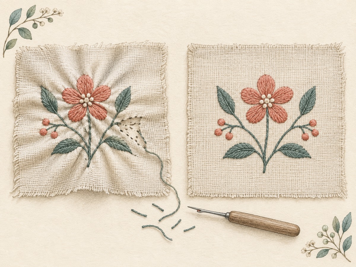 Illustration: A puckered embroidery sample beside a relaxed corrected sample, with a few stitches carefully removed from the distorted area.