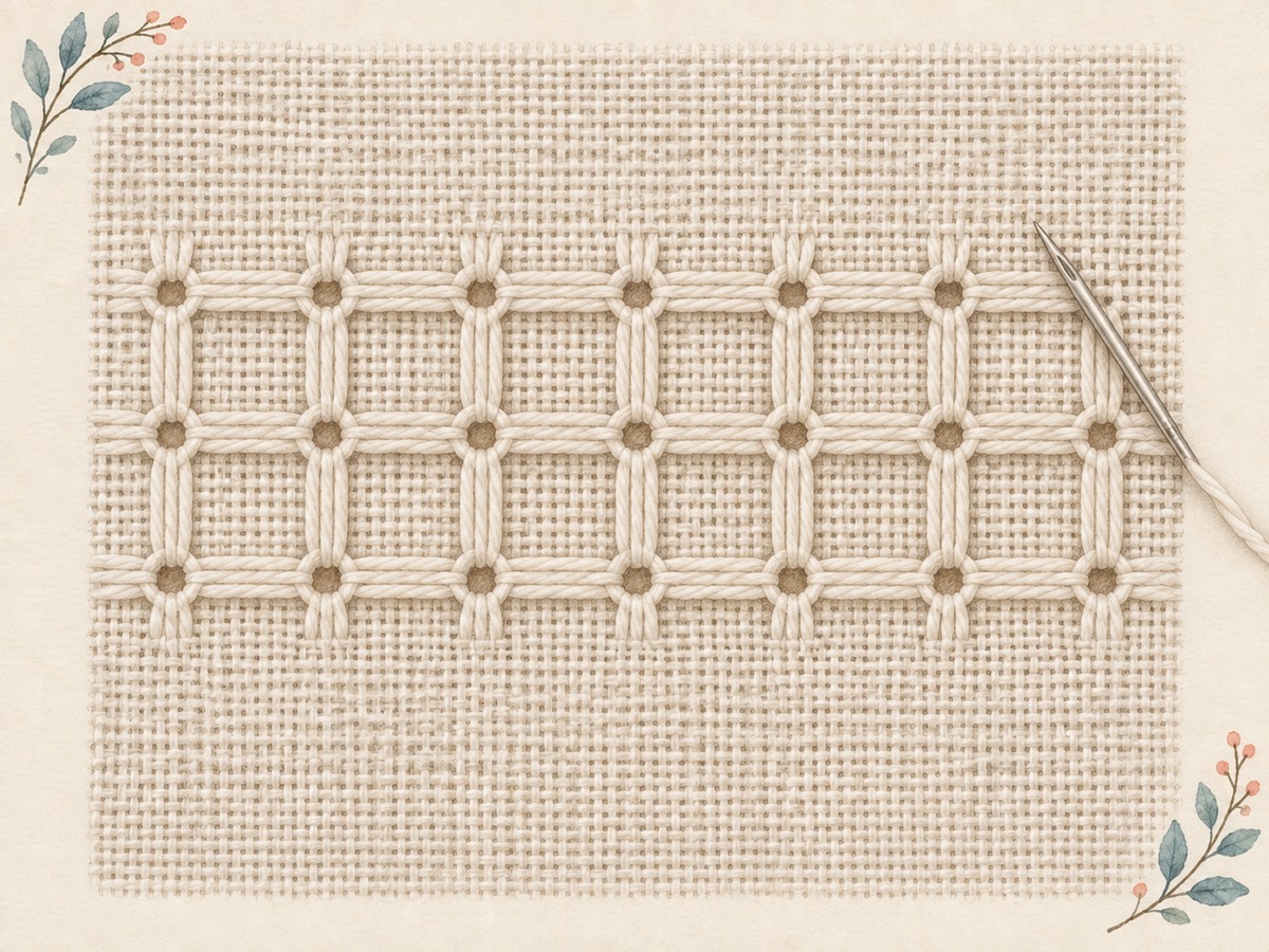 Illustration: Close view of a geometric pulled-thread pattern on evenweave, with continuous threads visibly gathered into open spaces.