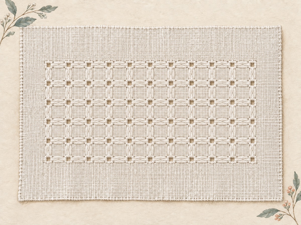 Illustration: A white pulled-thread embroidery sample with small patterned openings created by drawing intact fabric threads together, no cut fibers.