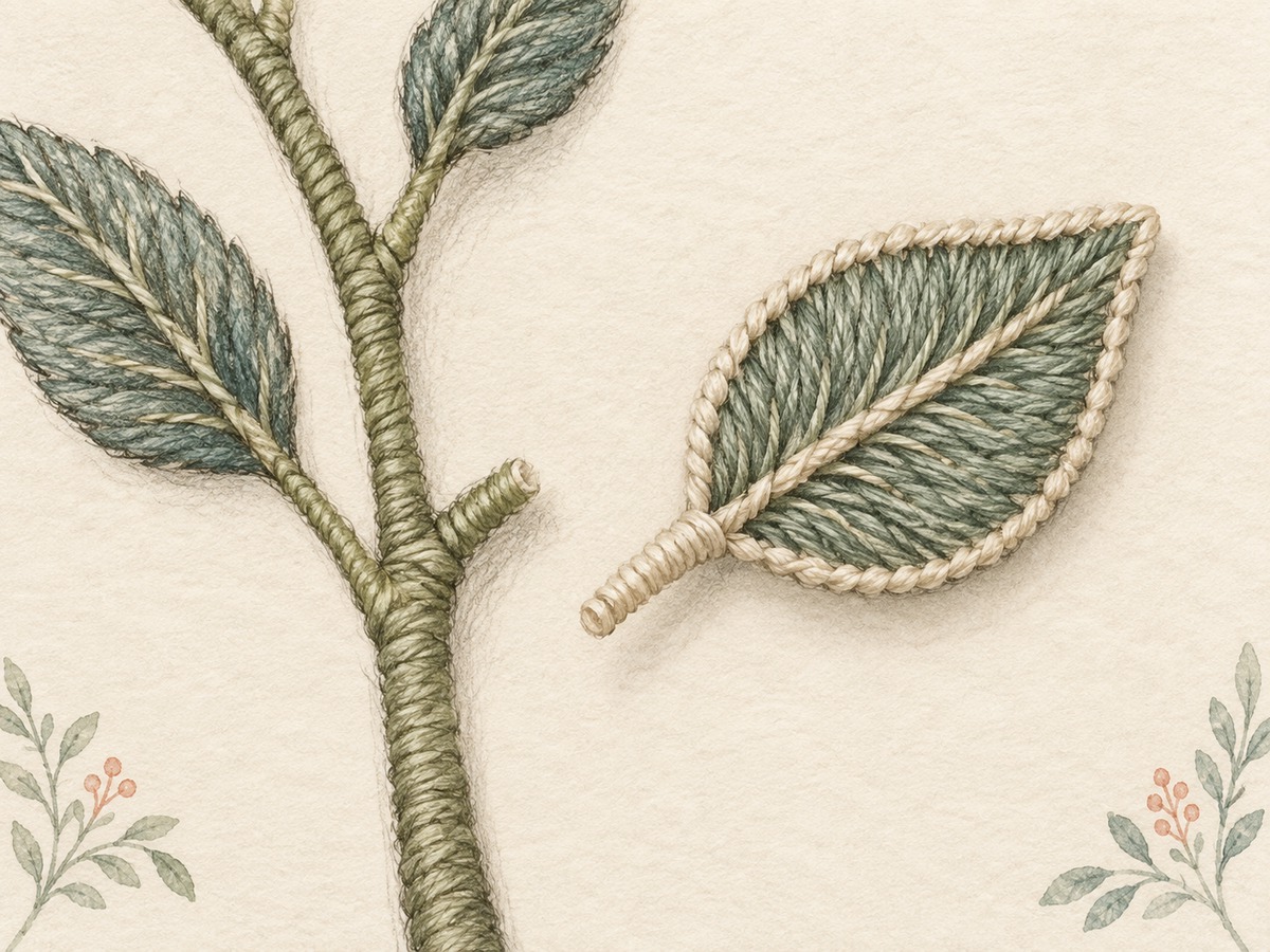 Illustration: Close view of a small detached needle-woven leaf with a supported edge, positioned beside its attachment point on the embroidered stem.