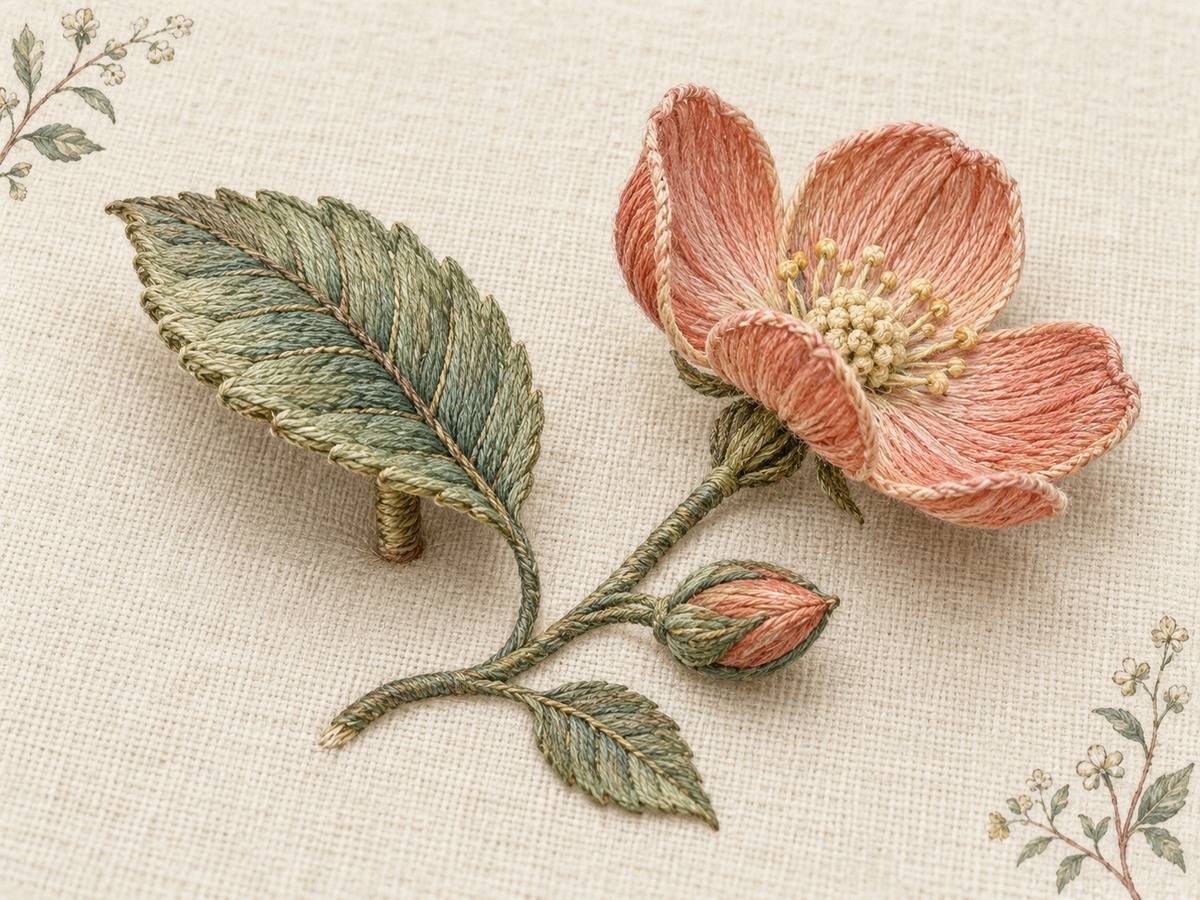 Illustration: A botanical stumpwork study with a raised detached leaf and needle-woven petal lifting gently above the linen ground.