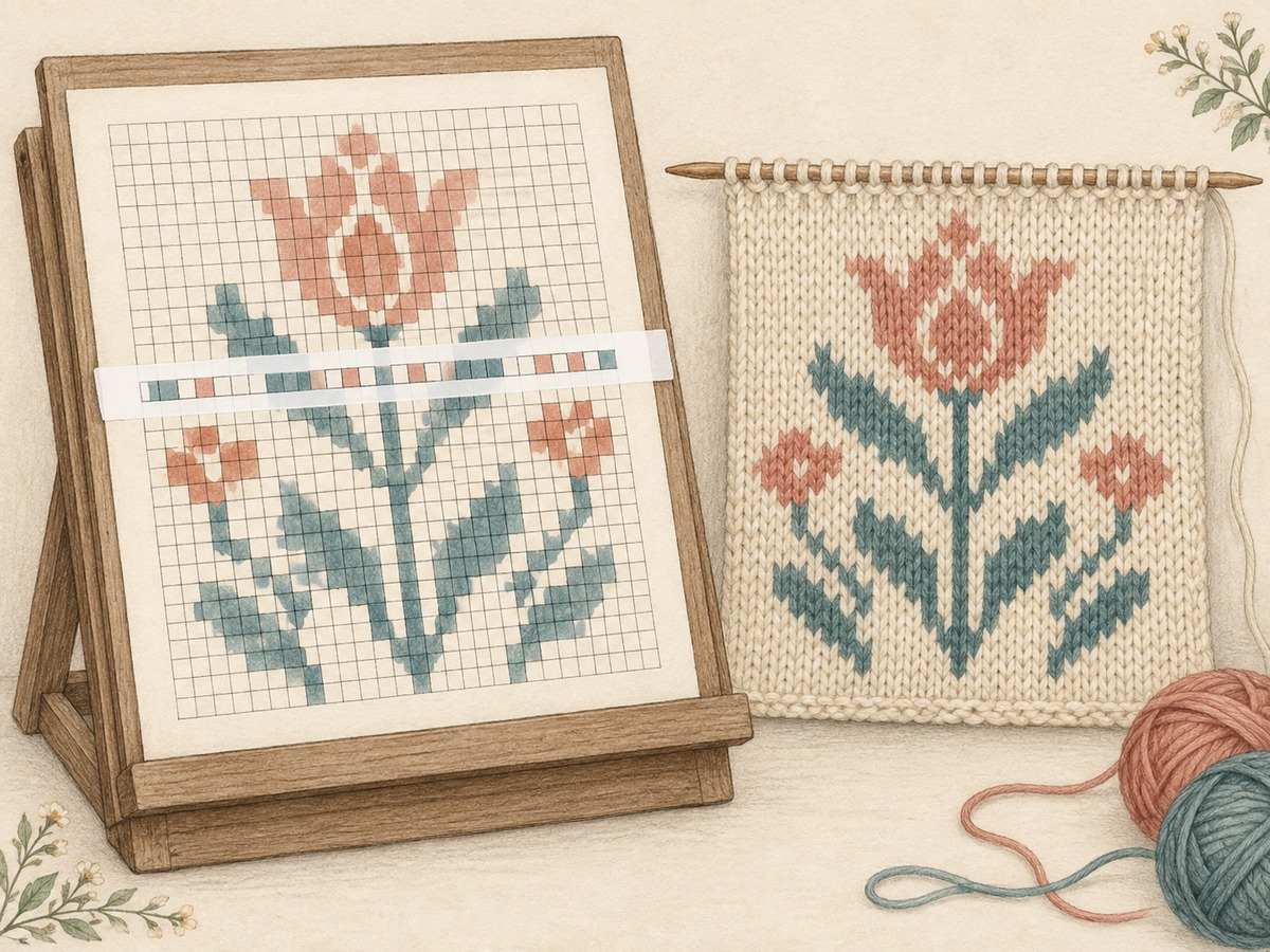 Illustration: An enlarged working chart on a reading stand beside its matching textile motif, with a clear horizontal paper guide following one row and ample space between marks.