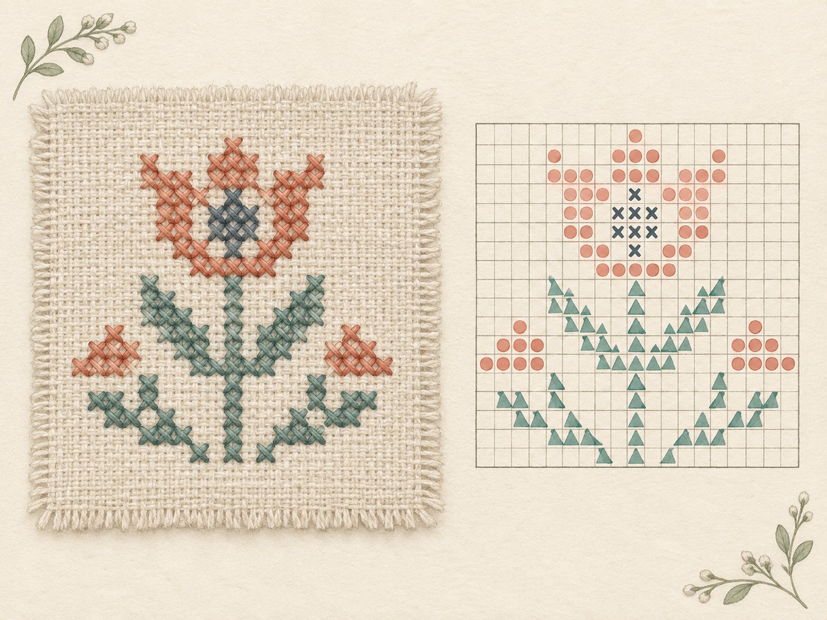Illustration: A small unlettered stitch chart beside an enlarged version of the same simple motif; distinct circles, triangles and crosses distinguish three muted colors.