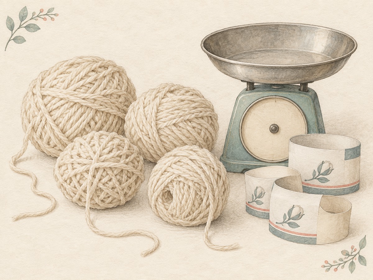Illustration: Several partial balls of the same cream yarn grouped beside a scale pan and their unlettered bands.