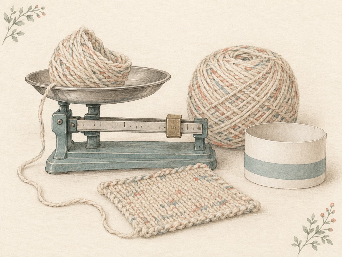 Illustration: A partial yarn ball on a compact mechanical balance scale beside a full matching ball and a blank paper band, with a small sample of fabric.