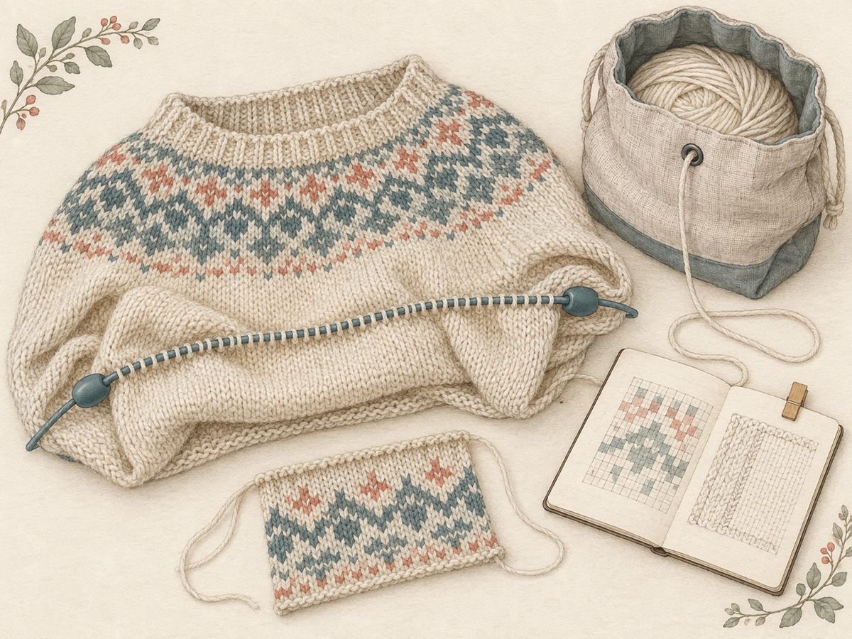 Illustration: An unfinished knitted piece with secured live stitches, stored yarn, a marked unlettered working reference and a small sample laid out for restarting.