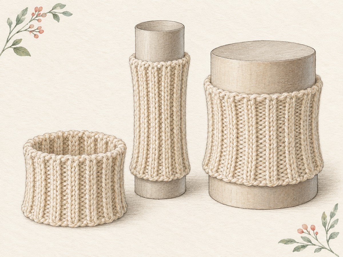 Illustration: Two ribbed cuff samples around smooth cylinders of different diameters, with the stretched ribs distinct and the unstretched sample resting alongside.