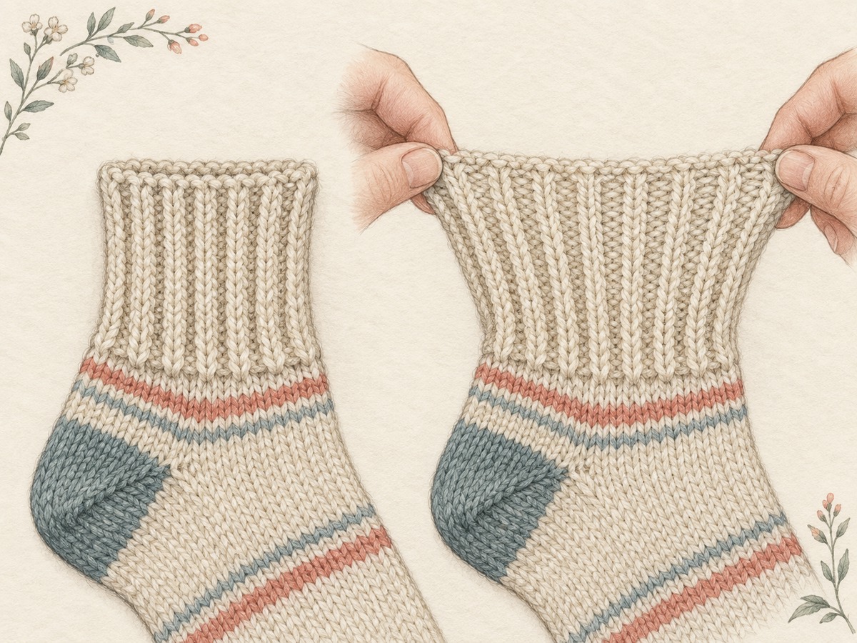 Illustration: A relaxed ribbed sock cuff beside the same style cuff gently spread wider, showing vertical knit ribs opening without distortion.