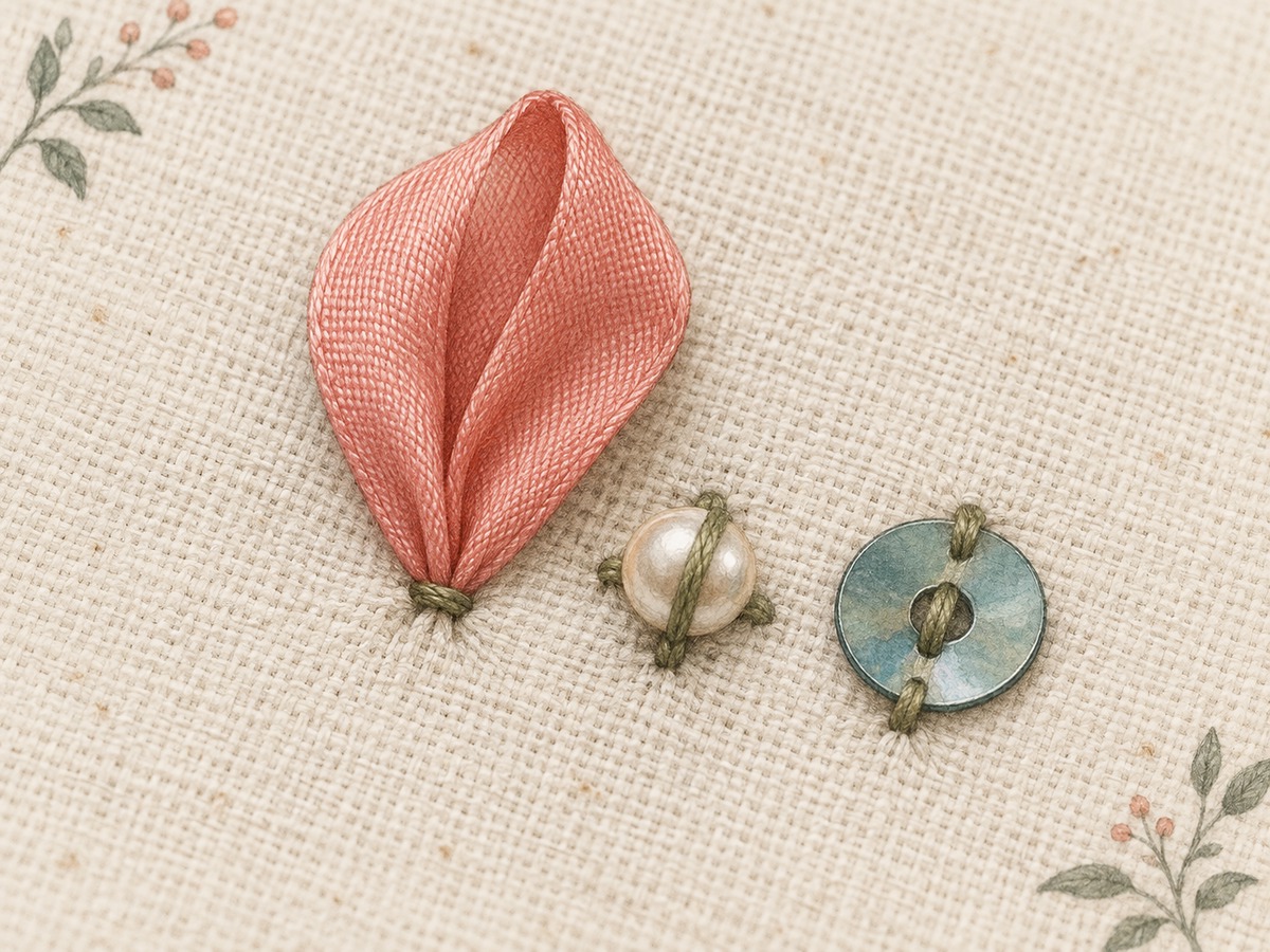 Illustration: Close view of one ribbon petal emerging gently through the cloth beside a bead anchored with thread and a separately secured sequin.