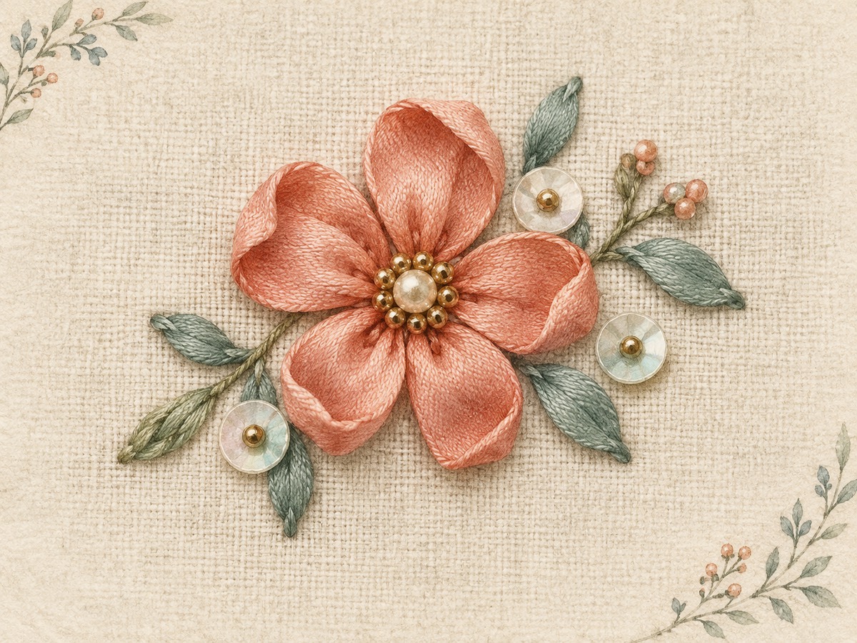 Illustration: A small ribbon-embroidered flower with soft folded petals, a few securely attached beads and flat sequins on linen.
