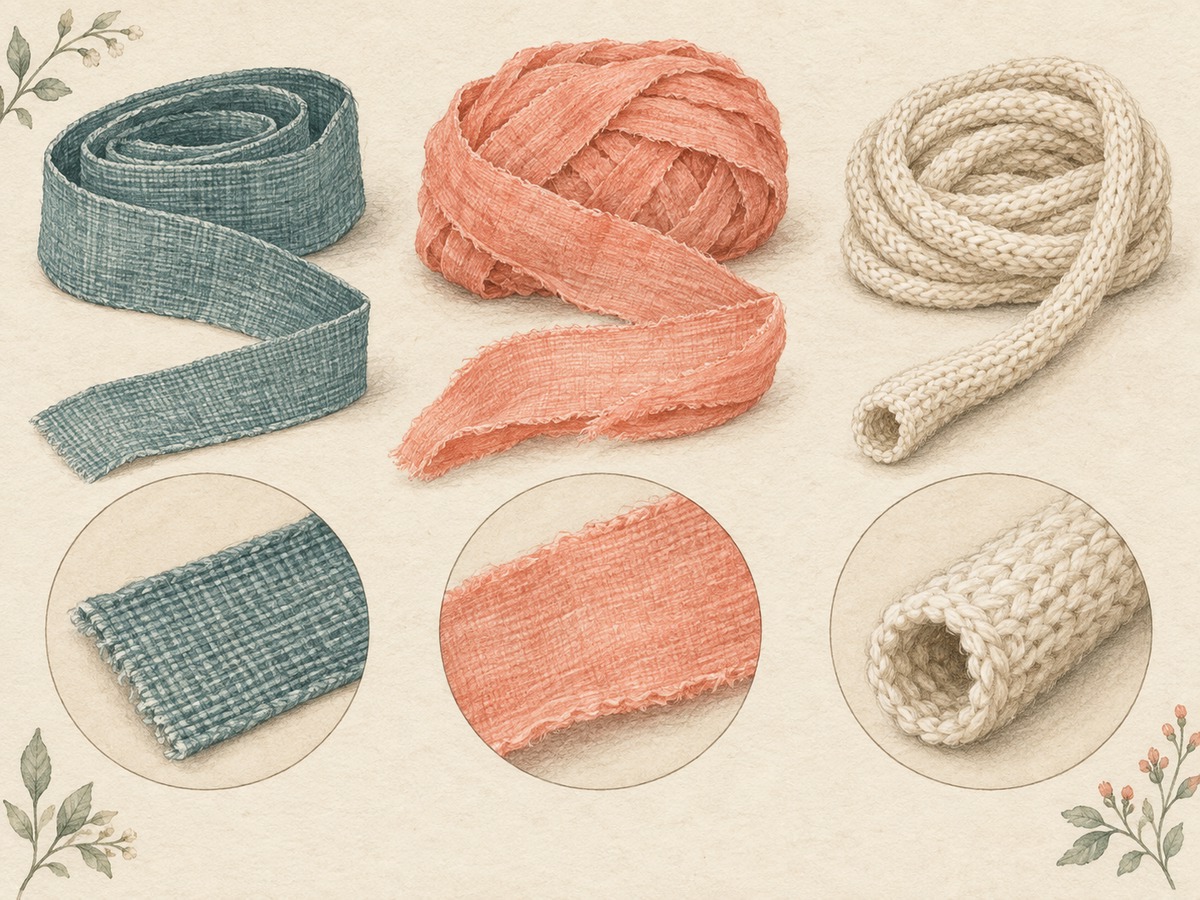 Illustration: Close views of the flat edge, broad face and hollow rounded section of three different textile yarns.
