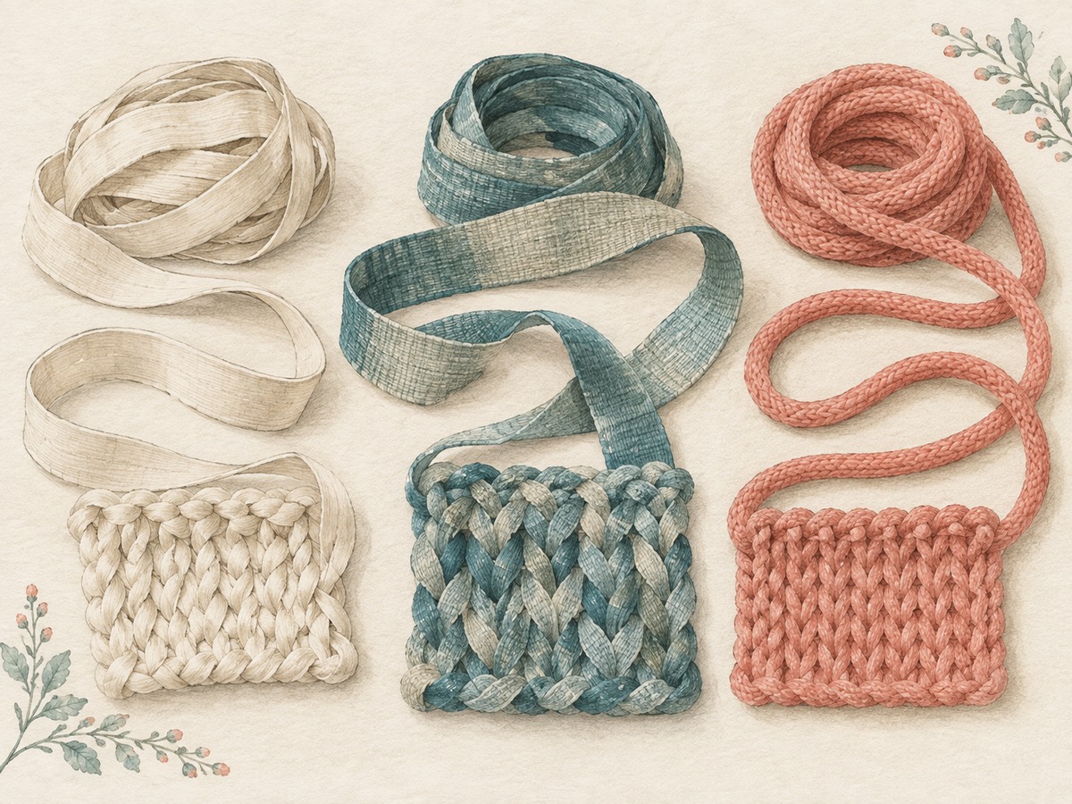 Illustration: Flat ribbon yarn, broad tape yarn and a soft tubular yarn laid in loose curves beside small knitted samples.