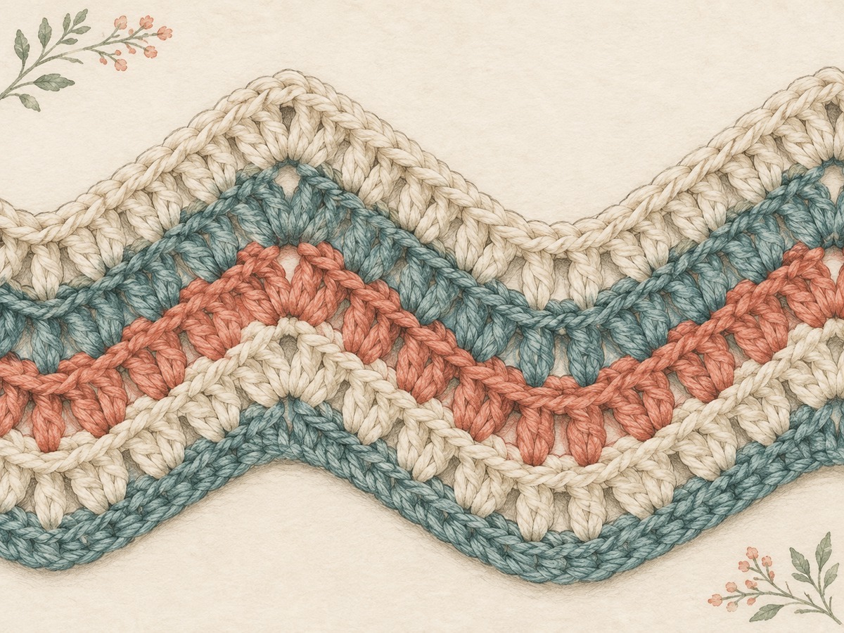 Illustration: Close view of a ripple crochet peak and neighboring valley, with coherent stitch groups and equal repeating widths.