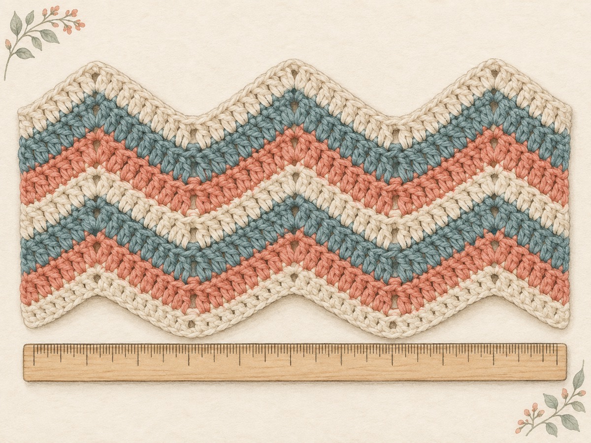 Illustration: A chevron crochet blanket sample with distinct peaks and valleys, laid beside a ruler across one complete relaxed repeat.