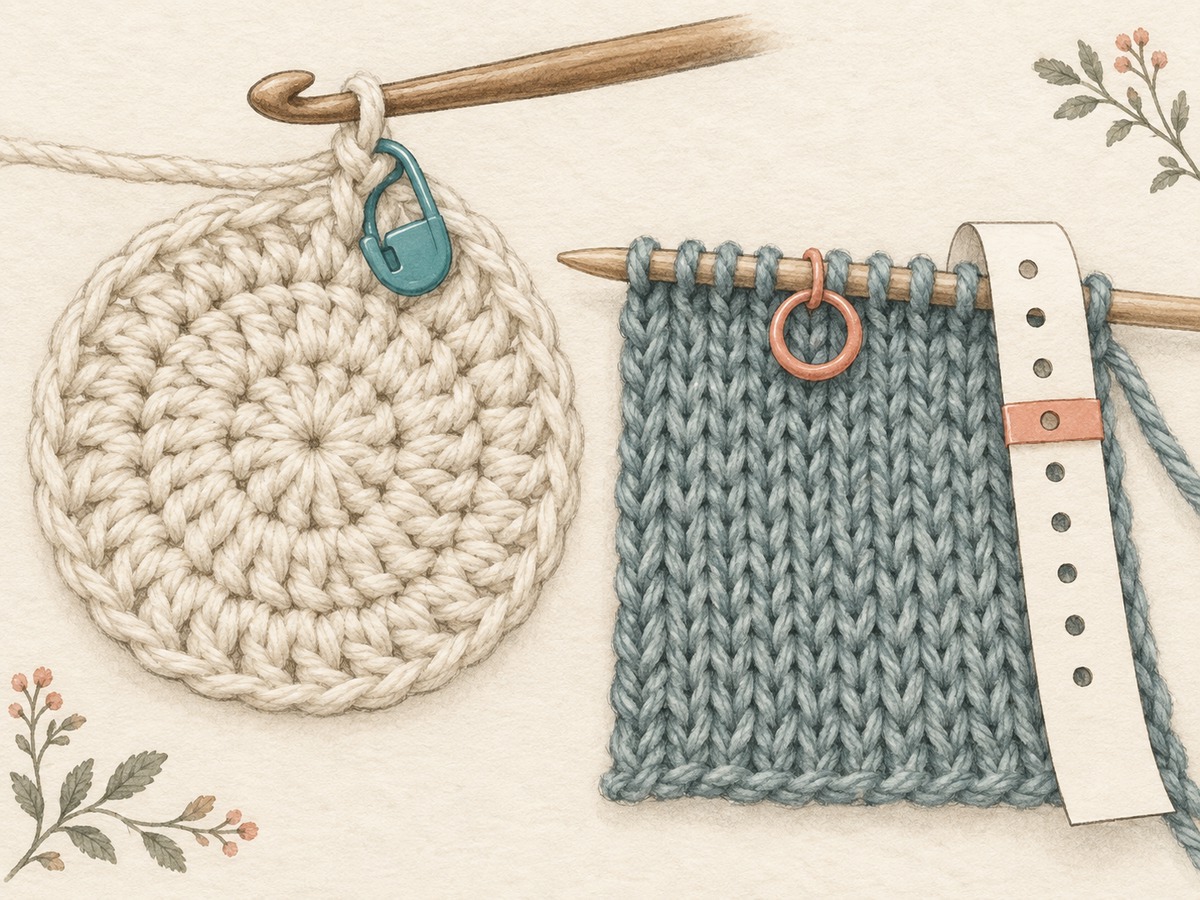 Illustration: A close view of a marker identifying the start of a crochet round and another identifying a repeat boundary on knitting, with a movable paper row guide.