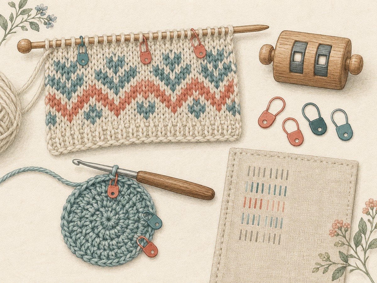 Illustration: A simple row counter, removable stitch markers and an unlettered tick-mark record beside a knitted repeat and a small crocheted round.