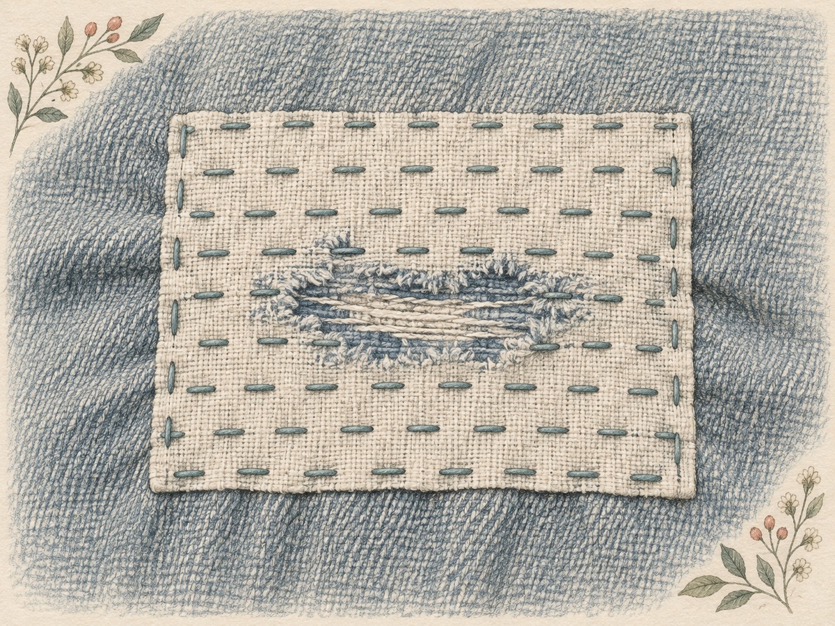 Illustration: Close view of running stitches securing a fabric patch beyond the edges of a worn area, with sound cloth surrounding the repair.