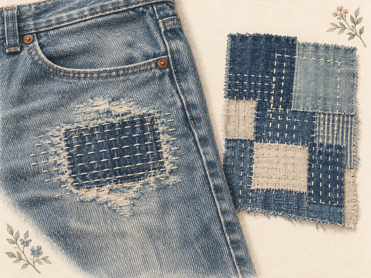 Illustration: A worn denim area reinforced by a neatly placed indigo patch and evenly spaced cream running stitches, beside a layered boro-style repair sample.
