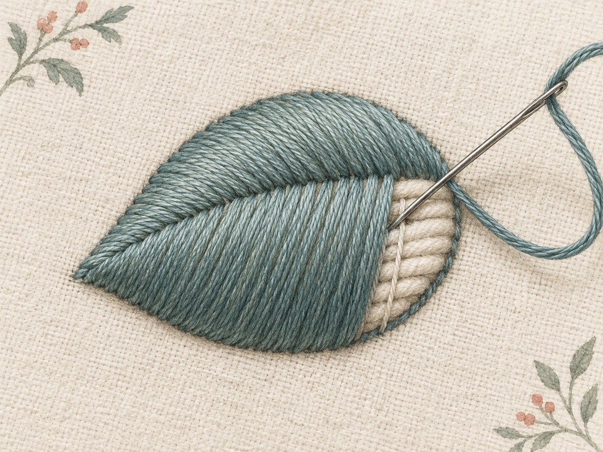 Illustration: Close view of parallel satin stitches smoothly covering a small padded shape, with a small unfinished area revealing the underlying padding stitches.