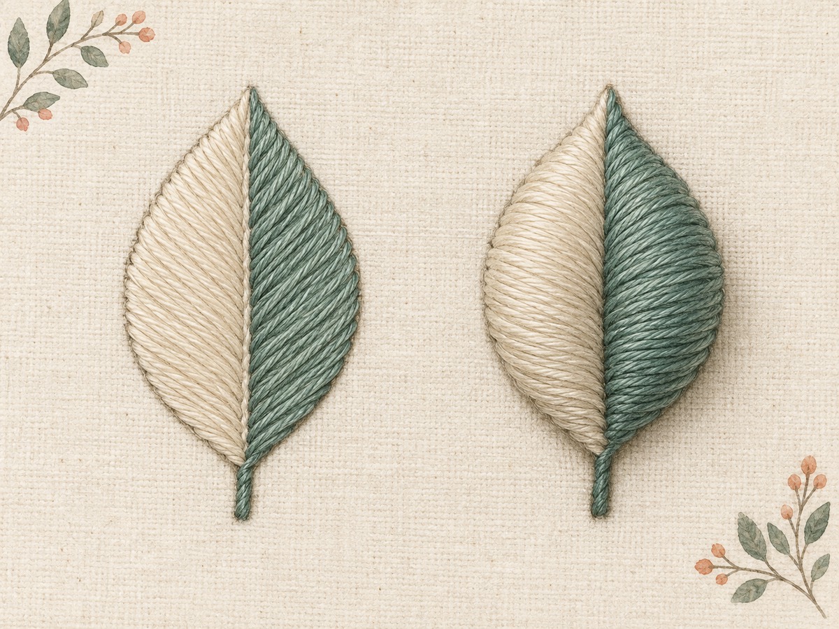Illustration: Two filled leaf shapes embroidered in cream and muted teal satin stitch, one flat and one softly padded with a raised center.