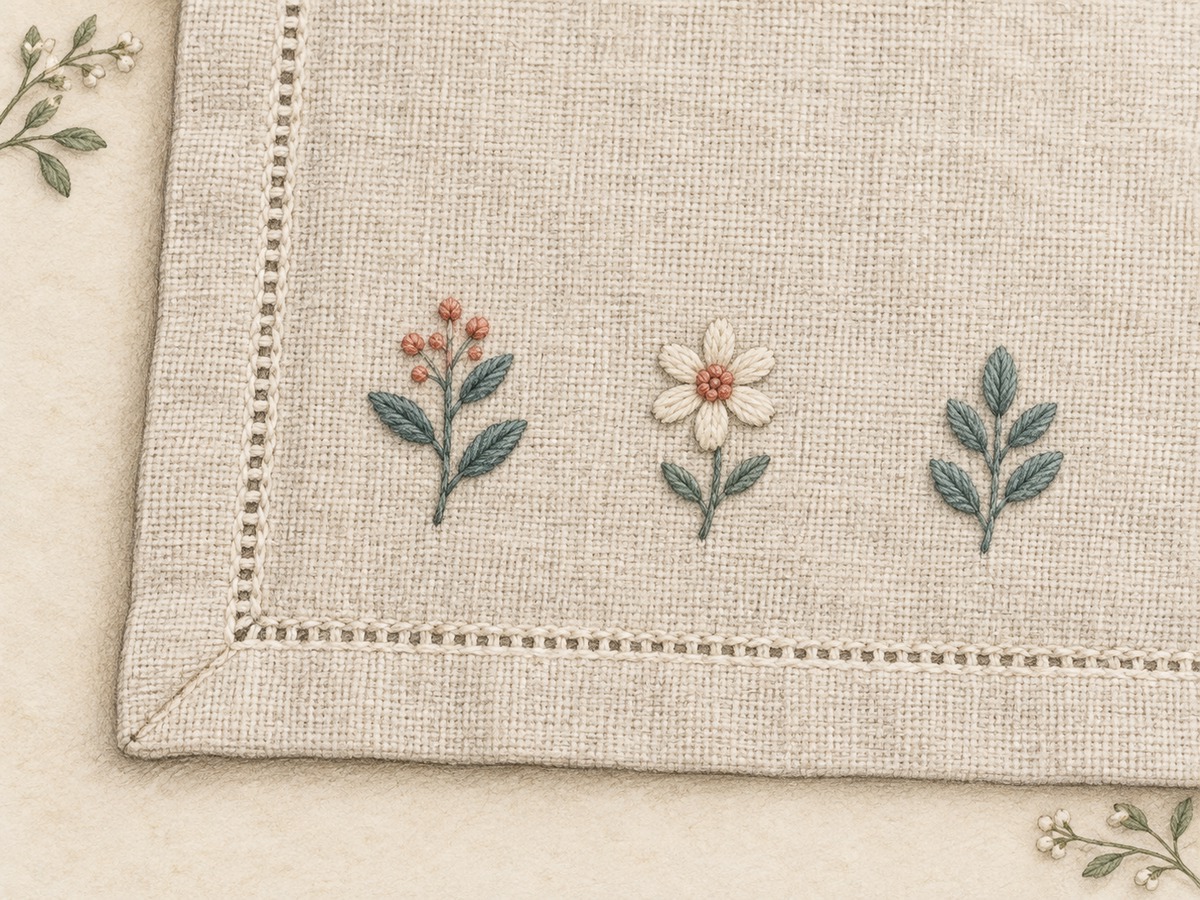 Illustration: Close view of a linen corner with three small stitched motifs aligned to the grain and measured gaps preserved between them.
